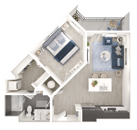 Floor plan for 1 bed, 1 bath, 627 sqft